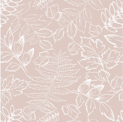 Fototapeta premium Floral pattern with leaves outline branches on beige. Background with foliage, petals for wrapping paper, textile, card, web. illustration