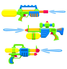 Water guns set. Bright multi-colored children s toys. Isolated objects. Flat vector illustration on white background.