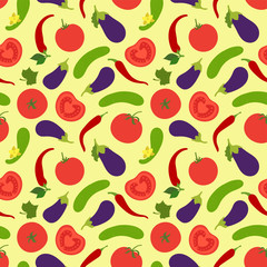 Vegetables seamless pattern. Tomato, cucumber, pepper, chili and eggplant. Paprika. Hand drawn doodle vector sketch. Healthy food collection. Vegetarian product