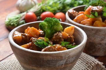 Traditional homemade Hungarian beef meat stew, Goulash with potatoes, carrots , tomatoes, broccoli...