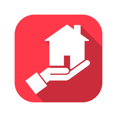 Fototapeta na wymiar House insurance vector red icon in modern flat style isolated. Earthquake insurance can support is good for your web design.