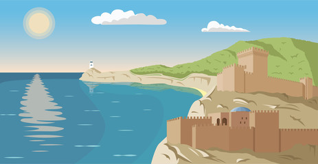 Seaside with cliffs aerial view. Oceanside mountain vector illustration. Ancient castle picture