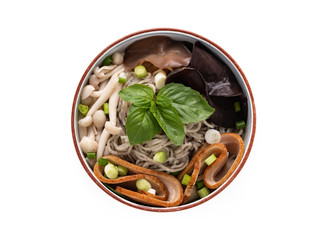 Chinese noodle with mushroom vegetables on isolated