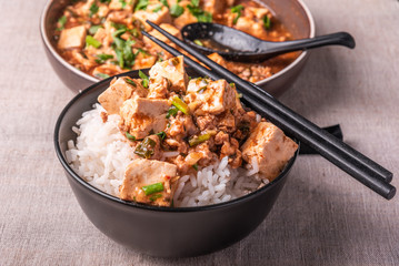 Traditional Chinese Sichuan cuisine - a bowl of rice with mapo tofu on a rustic background