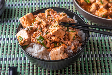 A popular Chinese Sichuan dish is a bowl of rice with spicy mapo tofu and a plate of mapo doufu on a bamboo napkin