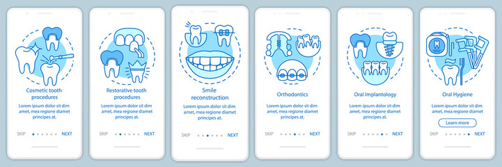 Dental clinic services onboarding mobile app page screen with linear concepts
