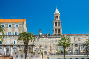 Fototapeta na wymiar Split, Croatia, walls of palace of Roman emperor Diocletian, world heritage site, tower of cathedral in background