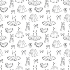 Hand sketched vector ballet dresses and shoes seamless pattern. Ballet dress and tutu, skirt classic illustration © ONYXprj