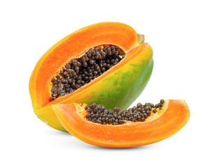 whole and half ripe papaya isolated on white background. full depth of field