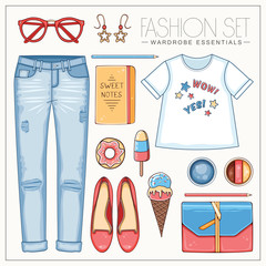Woman fashion summer set with t shirt, clutch and jeans