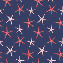 Coastal Americana starfish seamless pattern in traditional red, white and blue colors. Modern and fun, great for beach house decor, fashion, textiles and promoting 4th of July parades and events.