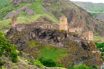 Khertvisi fortress on high rocky hill in gorge at confluence of the Kura and Paravani rivers,...