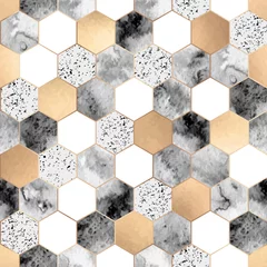 Crédence de cuisine en verre imprimé Hexagone Motif géométrique abstrait sans couture avec feuille d& 39 or, marbre gris et hexagones aquarelles