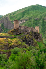 Fototapeta na wymiar Khertvisi fortress on high rocky hill in gorge at confluence of the Kura and Paravani rivers, Georgia