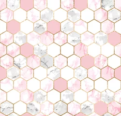 Keuken foto achterwand Marmeren hexagons Naadloos abstract geometrisch patroon met gouden lijnen, roze en grijze marmeren zeshoeken