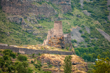 Khertvisi fortress on high rocky hill in gorge at confluence of the Kura and Paravani rivers,...