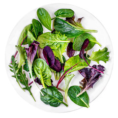 Fresh salad plate with Spinach, Chard, lettuce, rucola isolated on white background. Top view.