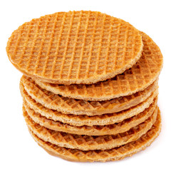 Belgium round waffles isolated on white background. Stacked Dutch waffles  Top view