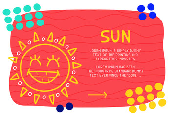 Abstract landing page pattern with different element, text block and doodle sun icon. Vector fun background