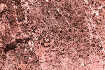 Vintage pink background. Rough painted wall of living coral color. Imperfect plane of beige colored. Uneven old decorative toned backdrop of beige tint. Texture of pink hue. Ornamental stony surface.