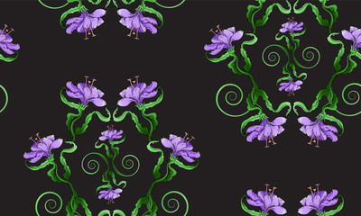 Lily seamless pattern, on black background in light violet color