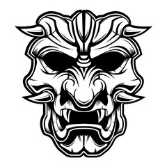 Samurai warrior mask. Traditional armor of japanese warrior. Vector illustration, shirt graphic. Japanese busido mask and helmet.