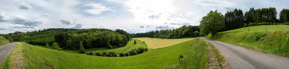 Panorama Landschaft im Sauerland mit Landstrasse - obrazy, fototapety, plakaty