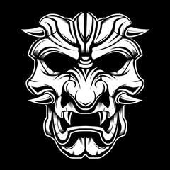 Samurai warrior mask. Traditional armor of japanese warrior. Vector illustration, shirt graphic. Japanese busido mask and helmet.