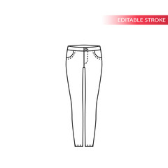 Jeans thin line vector sketch. Skinny jeans black outline drawing, fully editable.