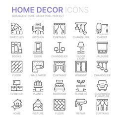 Collection of home decor related line icons. 48x48 Pixel Perfect. Editable stroke