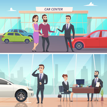 Buying car. Sell and rent auto in car exhibition advertising banners concept vector characters. Illustration of auto buy, new automobile