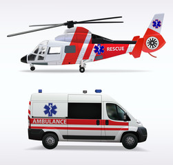 Ambulance helicopter and ambulance car. air and ground transportation to transport injured and sick people to the hospital. Isolated objects on white background. Vector illustration. © Nikolayev