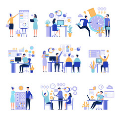 Effective management. Organizing work processes with tasks on project board activities business people vector concept. Illustration of business effective working organization, development partnership