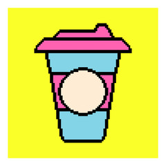 Pixel cup of coffee to go. Mug icon. Vector illustration logo.