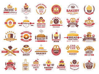 Colored bakery labels. Vintage food logos with cooking pastry symbols vector collection. Illustration of bakery food logo, emblem and label cake