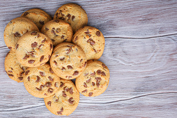 Cookies with chocolate closeup. Homemade cookies. A mountain of cookies.