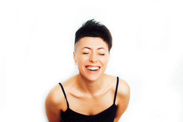 young pretty brunette girl with modern short haircut posing cheerful smiling isolated on white background, lifestyle people concept