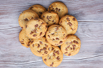 Cookies with chocolate closeup. Homemade cookies. A mountain of cookies.