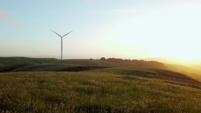 Wind turbines from a wind farm in a rural paddock in the countryside near Raglan, Waikato, New Zealand