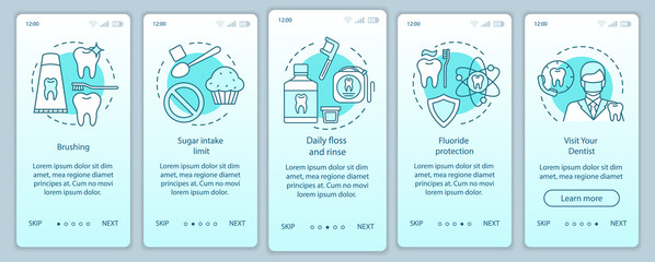 Oral hygiene routine onboarding mobile app page screen with linear concepts