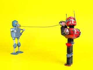 Retro two robots with tin can phones. 3d render