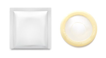 Realistic condom with package. Vector illustration. Easy to use for presentation your product, idea, design. EPS10.