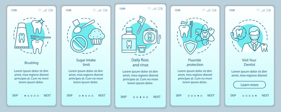 Oral hygiene routine onboarding mobile app page screen with linear concepts