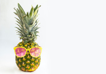 Summer pop pineapple mockup with sunglasses isolated on white. Copy space for text