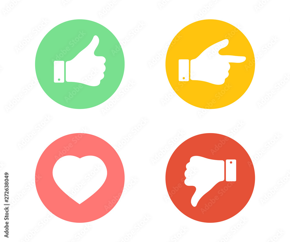 Leinwandbilder Like, dislike, heart and forefinger icons. Thumbs up and thumbs down button. Graphic elements for web banners, web sites. Simple buttons with user feedback for social network, web site design.
