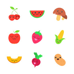 Vegetables and fruits cute kawaii flat design long shadow characters set