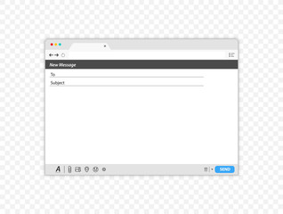 Email message Blank window template. Blank e-mail browser window. E-mail blank template internet mail frame interface for message. User interface web panel send.Contact form interface