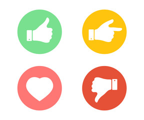 Like, dislike, heart and forefinger icons. Thumbs up and thumbs down button. Graphic elements for web banners, web sites. Simple buttons with user feedback for social network, web site design.