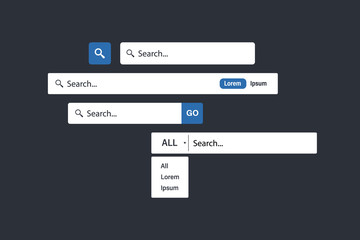 Search bar vector element design. Set of search boxes ui template. Web Search Bars. Form for internet or web site. Www icon. Web site sign. Collection of search form templates for websites