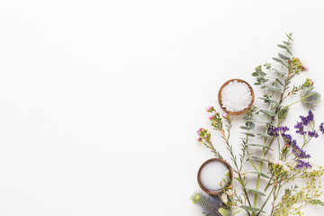 Bio herbal green cosmetic arrangement, sea salt and handmade cosmetic.